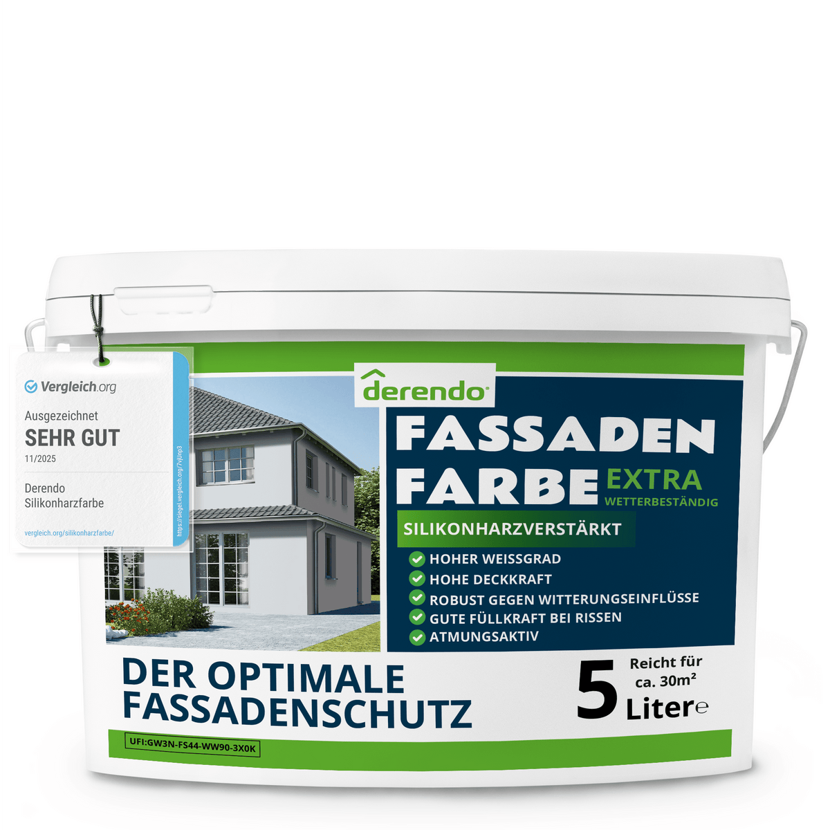 Derendo Fassadenfarbe Lichtgrau mit EXTRA Wetterschutz in 5 Liter – Produktbild von Derendo