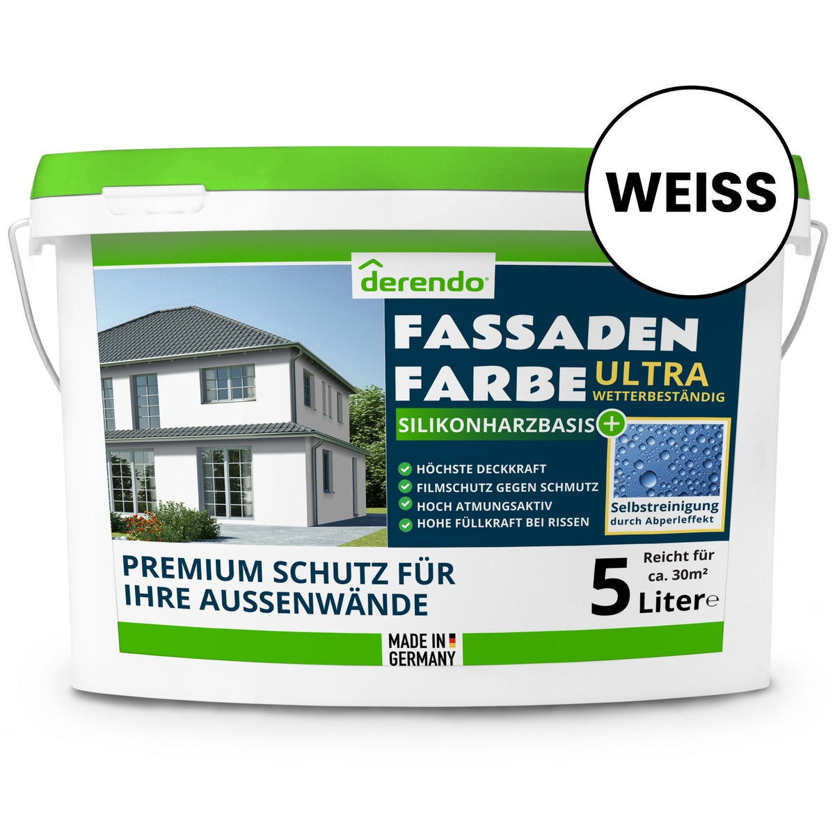 Derendo Silikonharz Fassadenfarbe weiß mit ULTRA Wetterschutz durch Abperleffekt des Lotusblattes in 5 Liter – Produktbild von Derendo
