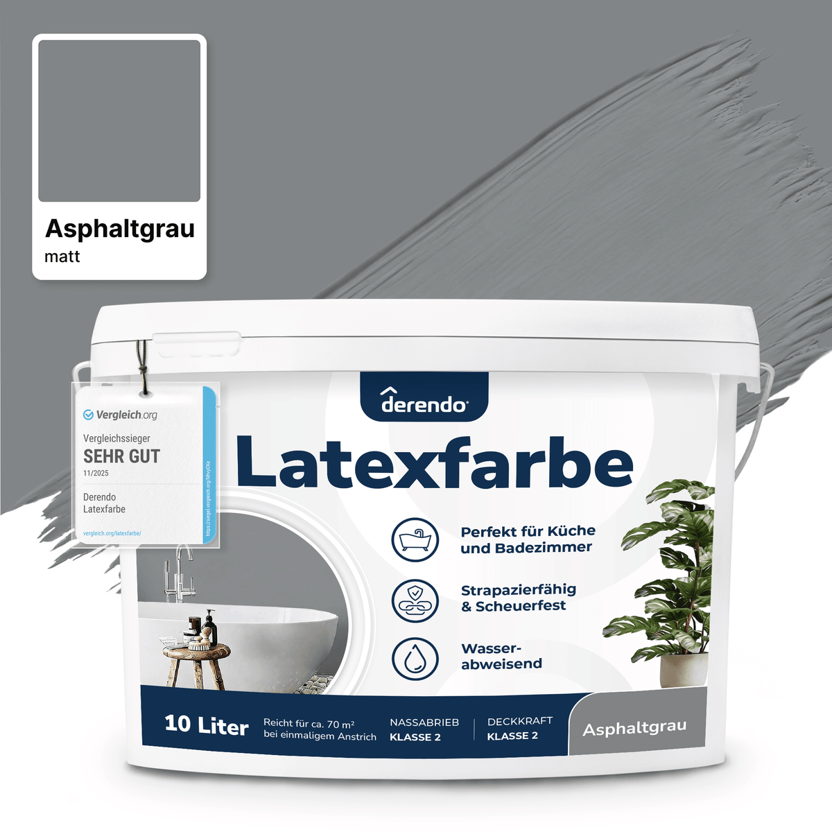 Derendo Wandfarbe Latexfarbe Asphaltgrau Matt abwaschbar in 10 Liter – Produktbild von Derendo