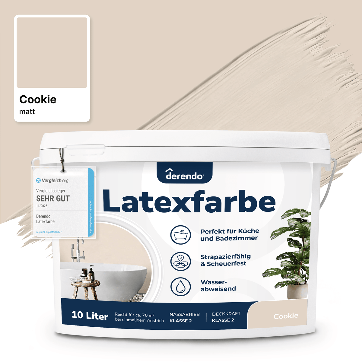 Derendo Wandfarbe Latexfarbe Cookie Matt abwaschbar in 10 Liter – Produktbild von Derendo