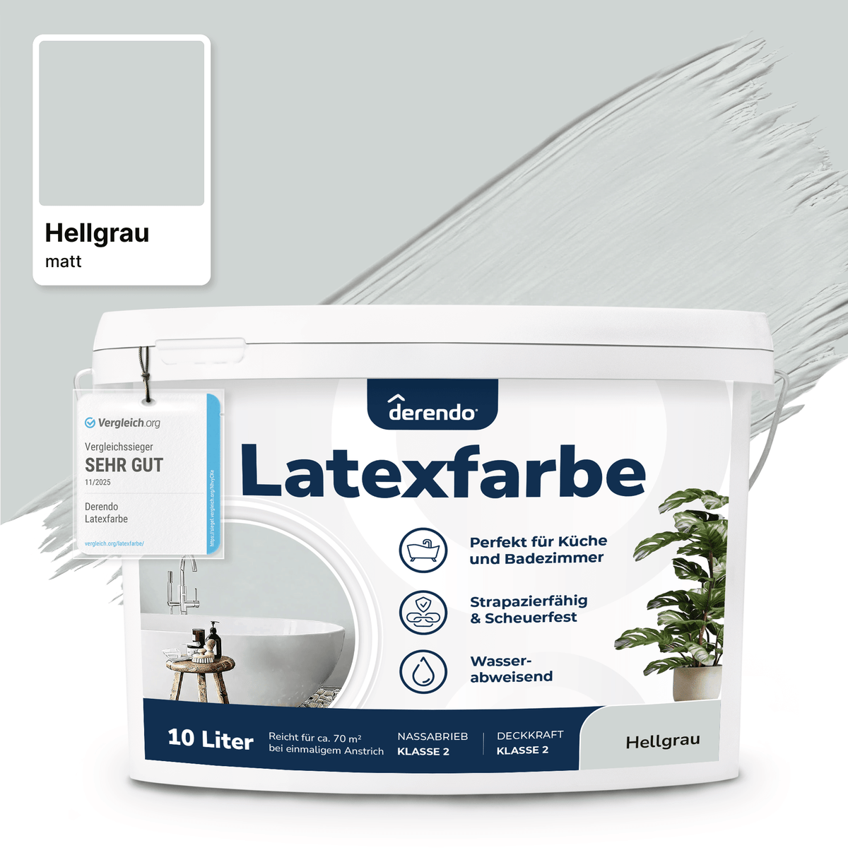 Derendo Wandfarbe Latexfarbe Hellgrau Matt abwaschbar in 10 Liter – Produktbild von Derendo