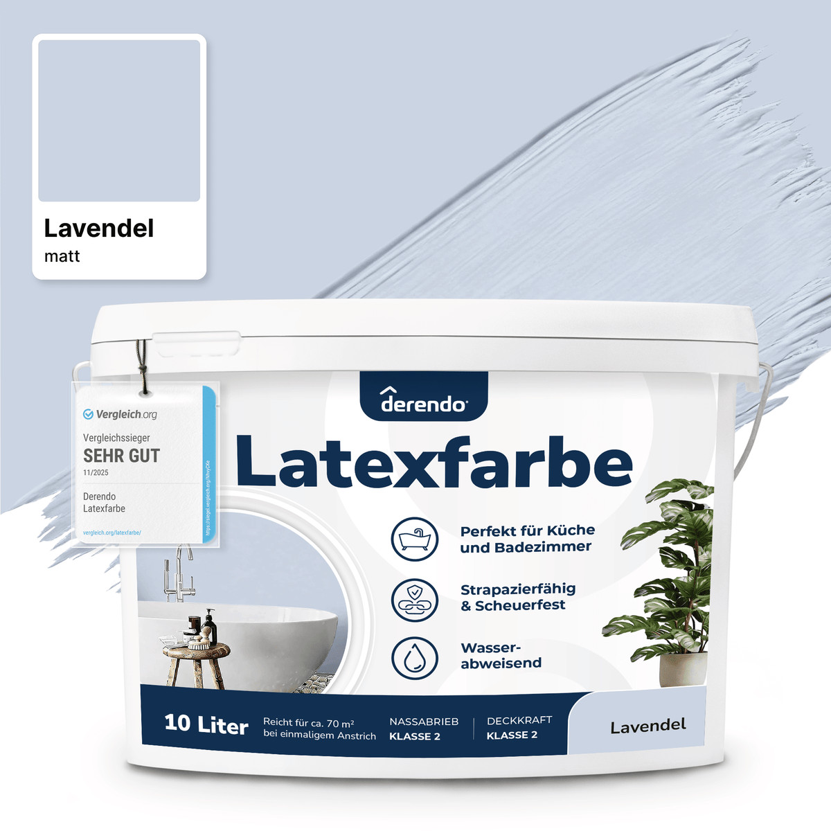 Derendo Wandfarbe Latexfarbe Lavendel Matt abwaschbar in 10 Liter – Produktbild von Derendo