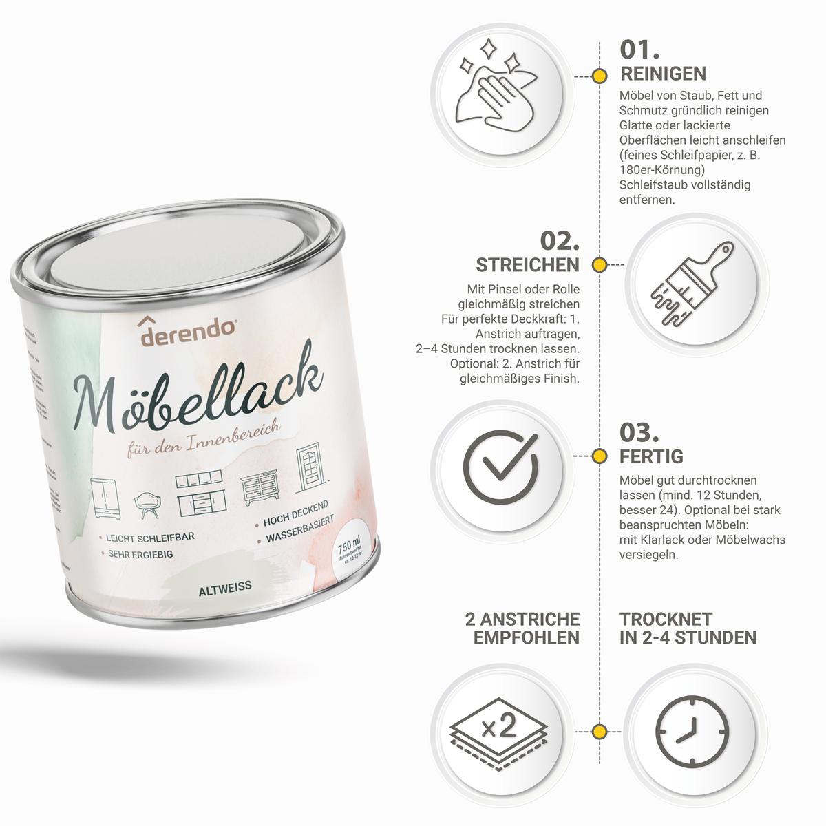 Derendo® Möbelfarbe Altweiß 750ml – Möbelfarbe ohne Schleifen + Lackier-Roller-Set