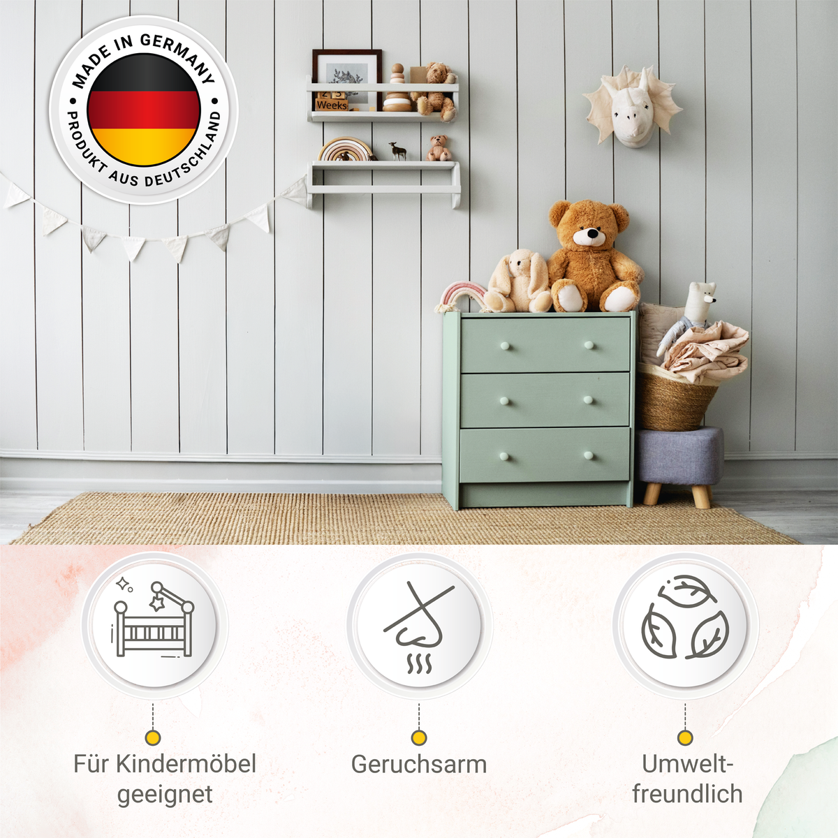 Derendo® Möbelfarbe Salbeigrün 750ml – Möbelfarbe ohne Schleifen + Lackier-Roller-Set