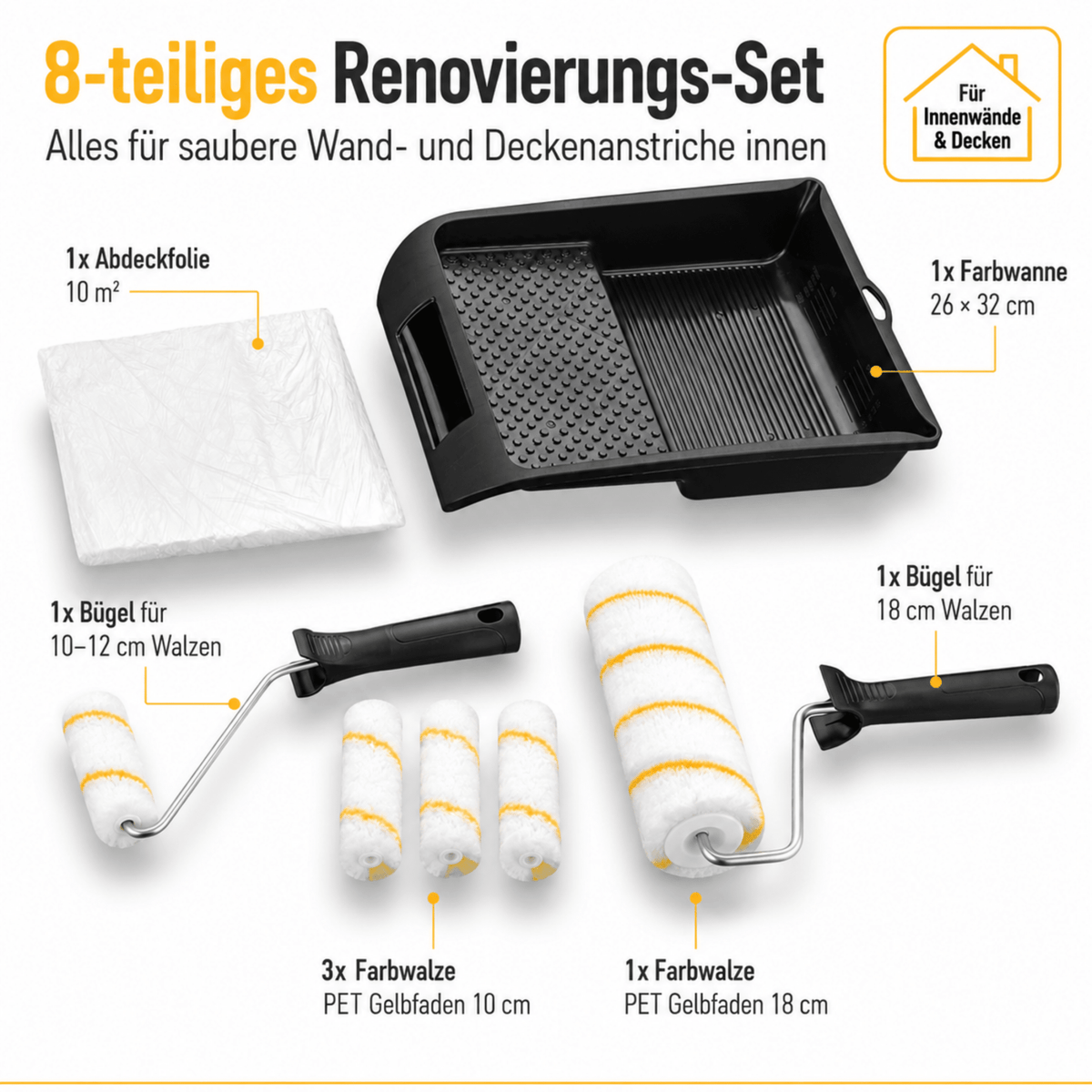Derendo® 8-teiliges Renovierungs-Set – Farbwalzen-Set für Wand- & Deckenanstriche in – Produktbild von Derendo