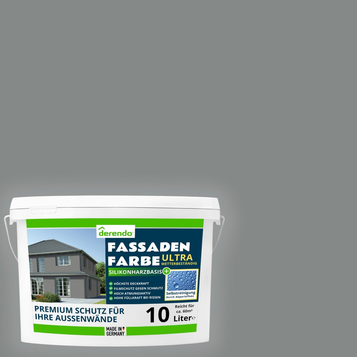 Derendo Fassadenfarbe Betongrau mit ULTRA Wetterschutz und Abperleffekt in 10L – Produktbild von Derendo