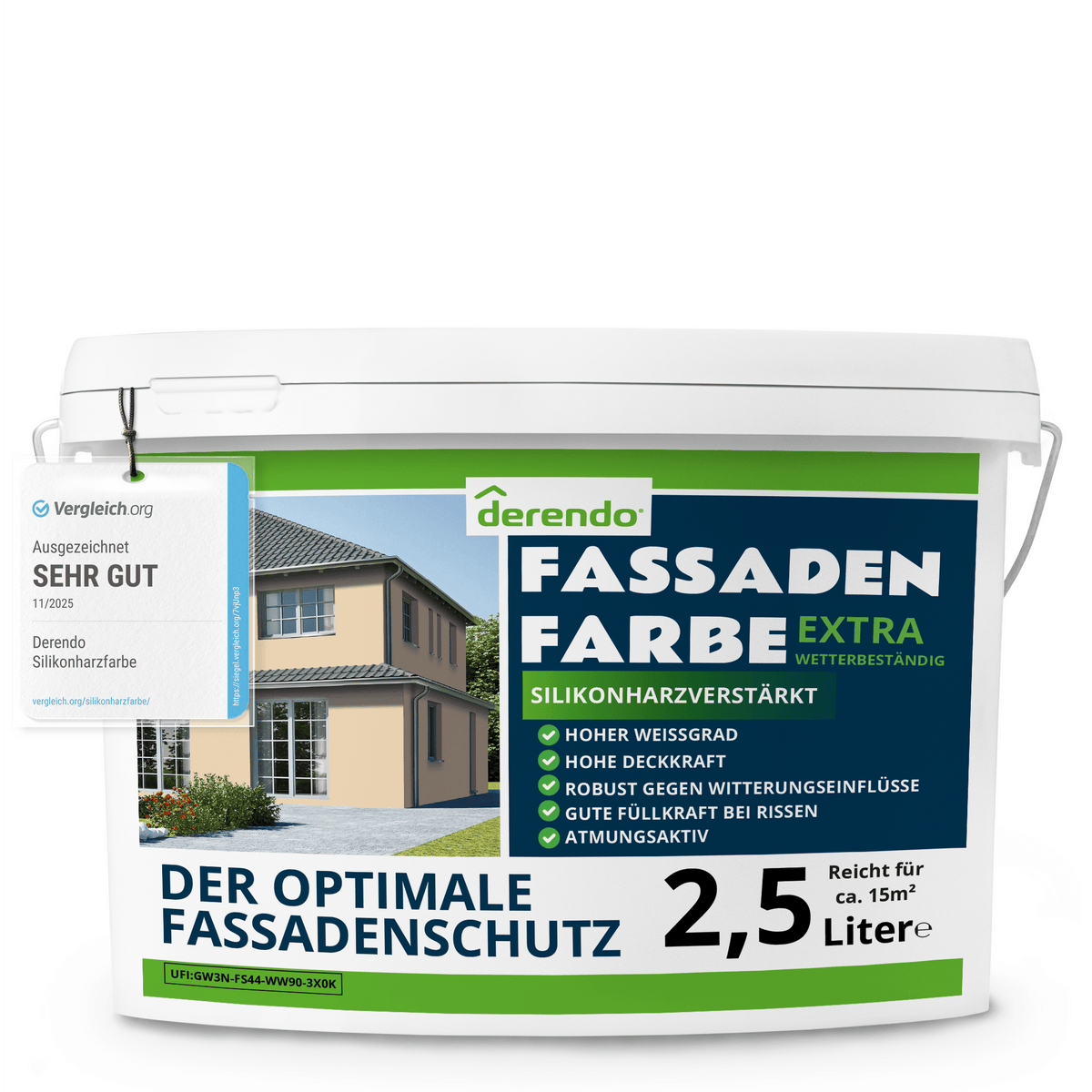 Derendo Fassadenfarbe Biscuit mit EXTRA Wetterschutz in 2.5 Liter – Produktbild von Derendo