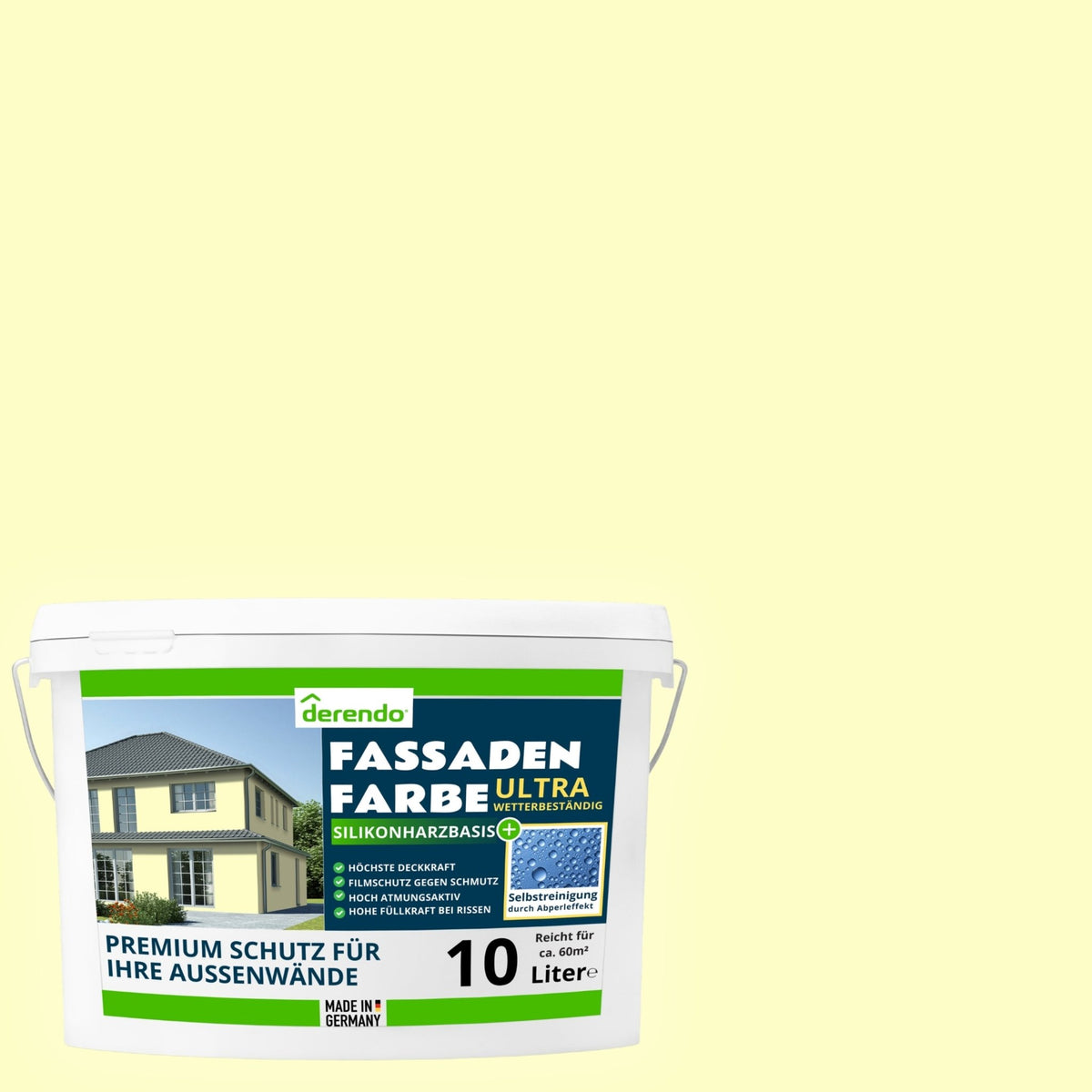 Derendo Fassadenfarbe Buttergelb mit ULTRA Wetterschutz und Abperleffekt in 10L – Produktbild von Derendo