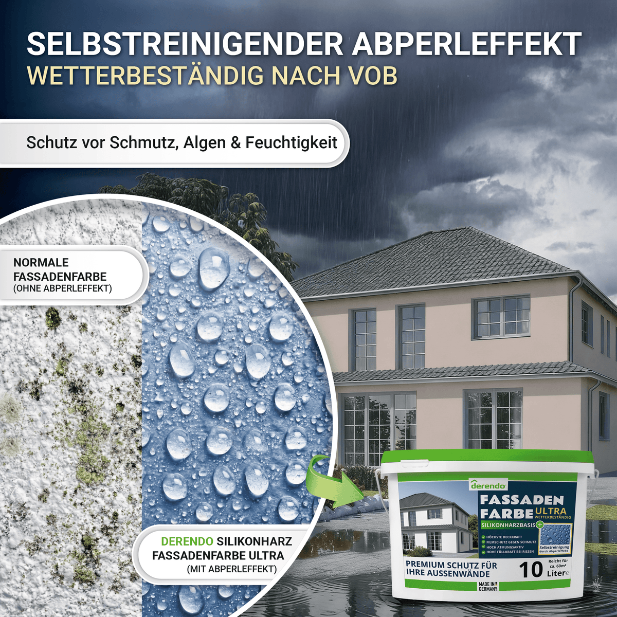 Derendo Fassadenfarbe Cappuccino mit ULTRA Wetterschutz und Abperleffekt in 10L – Produktbild von Derendo
