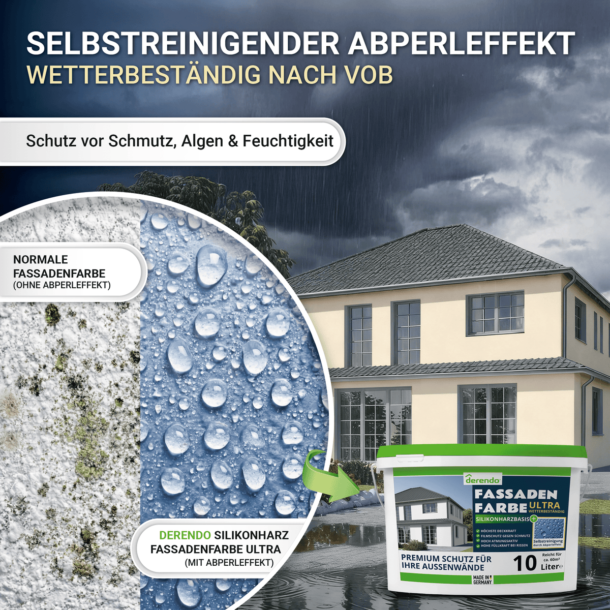 Derendo Fassadenfarbe Cremebeige mit ULTRA Wetterschutz und Abperleffekt in 10L – Produktbild von Derendo