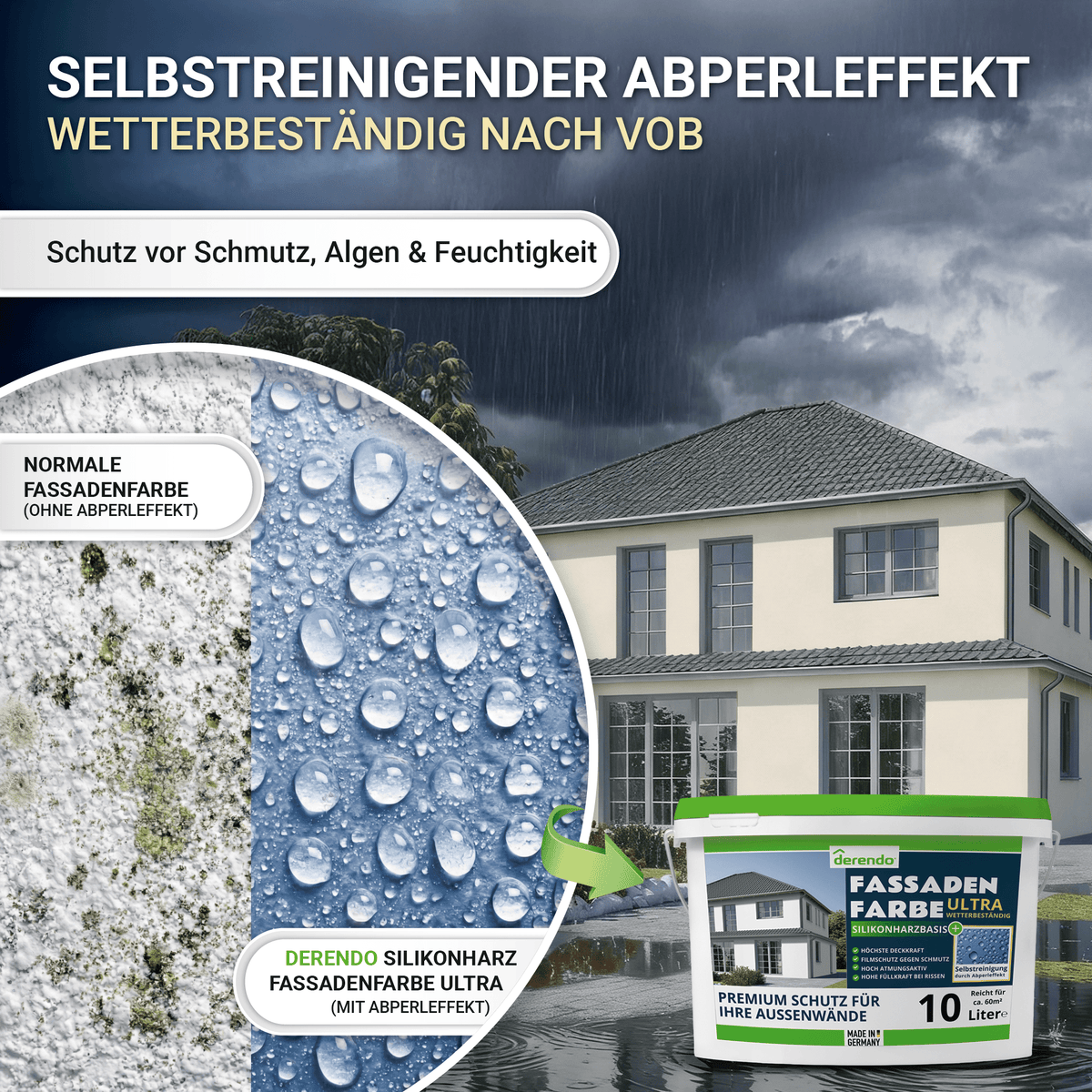 Derendo Fassadenfarbe Graubeige mit ULTRA Wetterschutz und Abperleffekt in 10L – Produktbild von Derendo