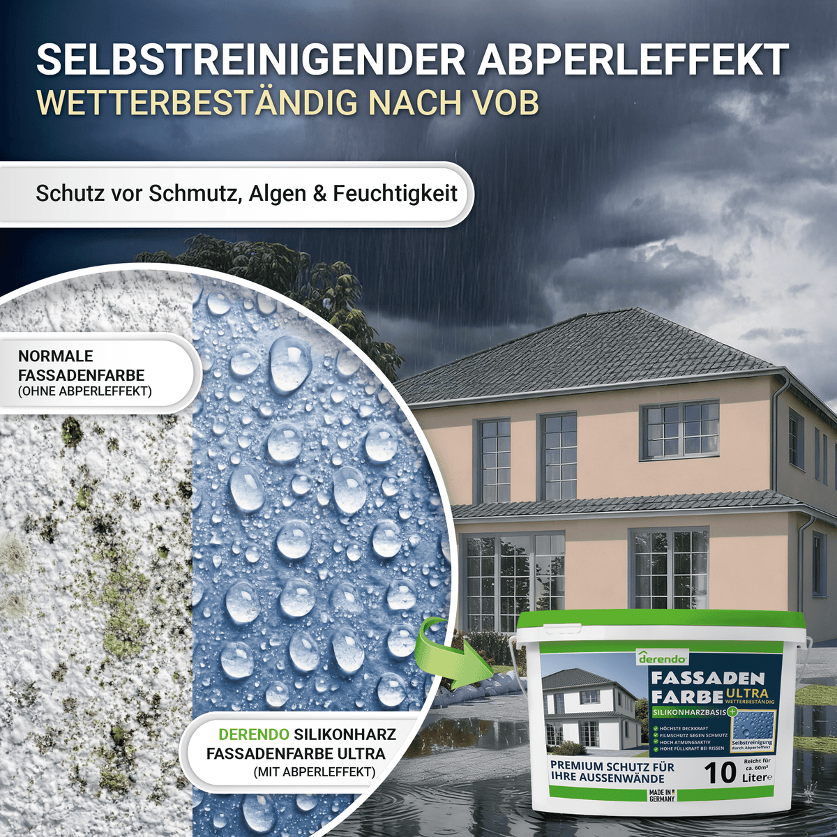Derendo Fassadenfarbe Haselnuss mit ULTRA Wetterschutz und Abperleffekt in 10L – Produktbild von Derendo