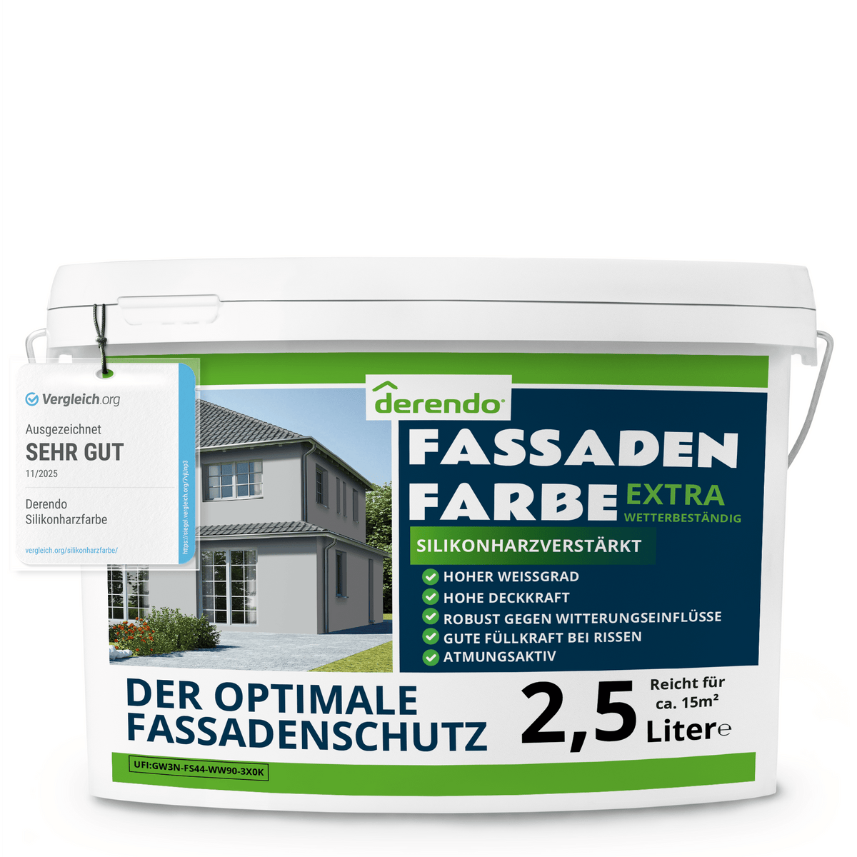Derendo Fassadenfarbe Hellgrau mit EXTRA Wetterschutz in 2.5 Liter – Produktbild von Derendo
