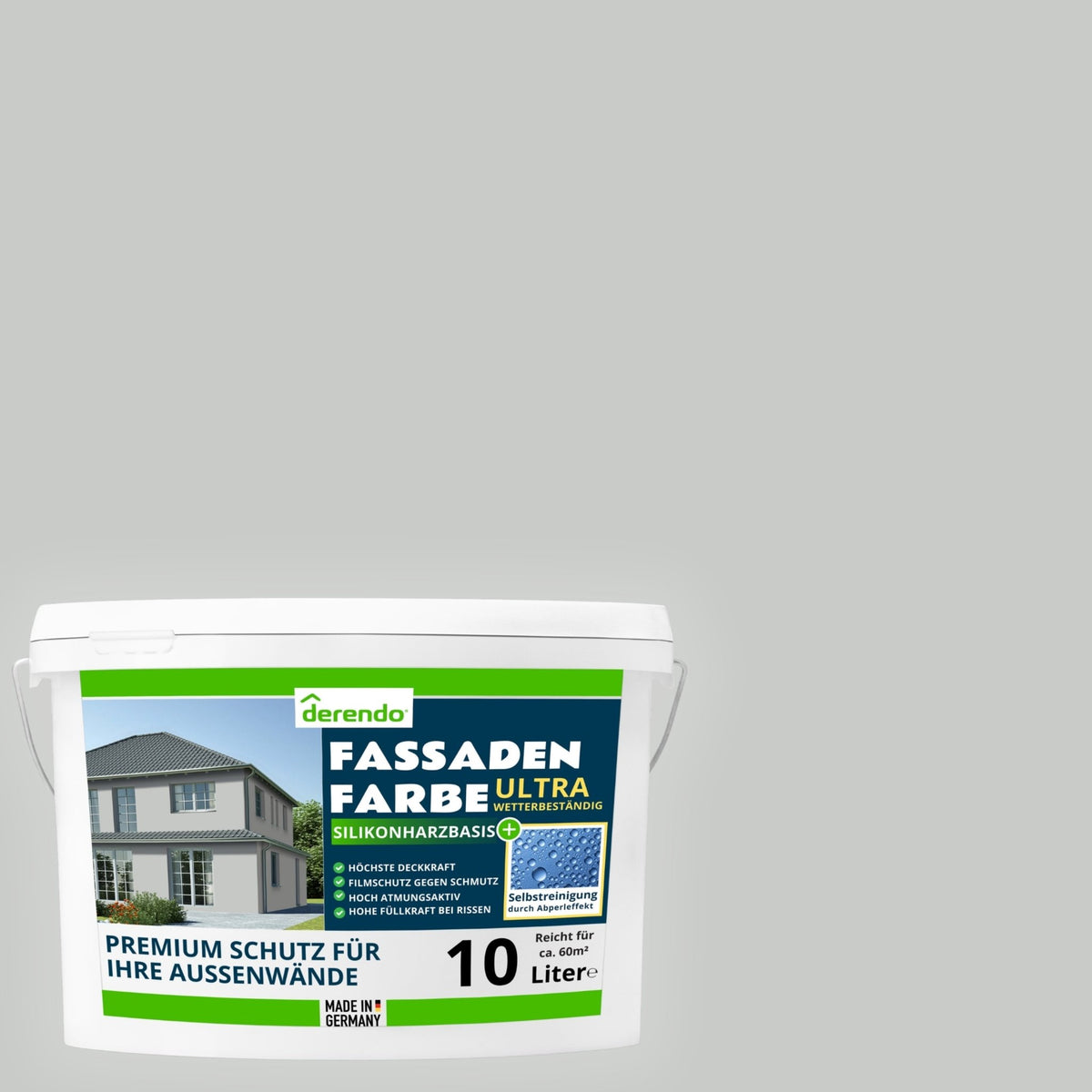 Derendo Fassadenfarbe Hellgrau mit ULTRA Wetterschutz und Abperleffekt in 10L – Produktbild von Derendo