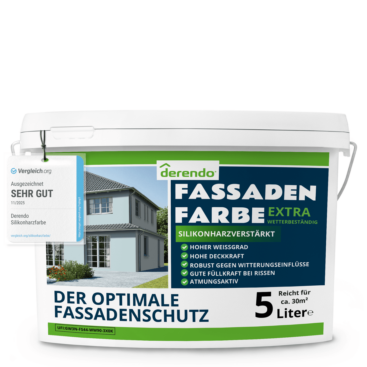 Derendo Fassadenfarbe Himmelblau mit EXTRA Wetterschutz in 5 Liter – Produktbild von Derendo