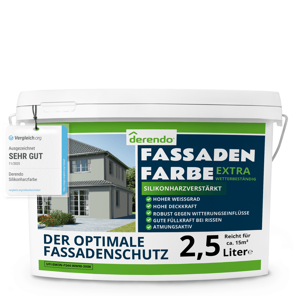 Derendo Fassadenfarbe Kaperngruen mit EXTRA Wetterschutz in 2.5 Liter – Produktbild von Derendo