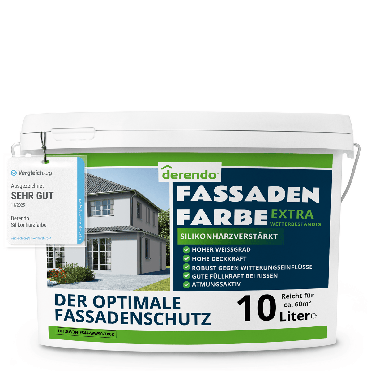Derendo Fassadenfarbe Lichtgrau mit EXTRA Wetterschutz in 10 Liter – Produktbild von Derendo