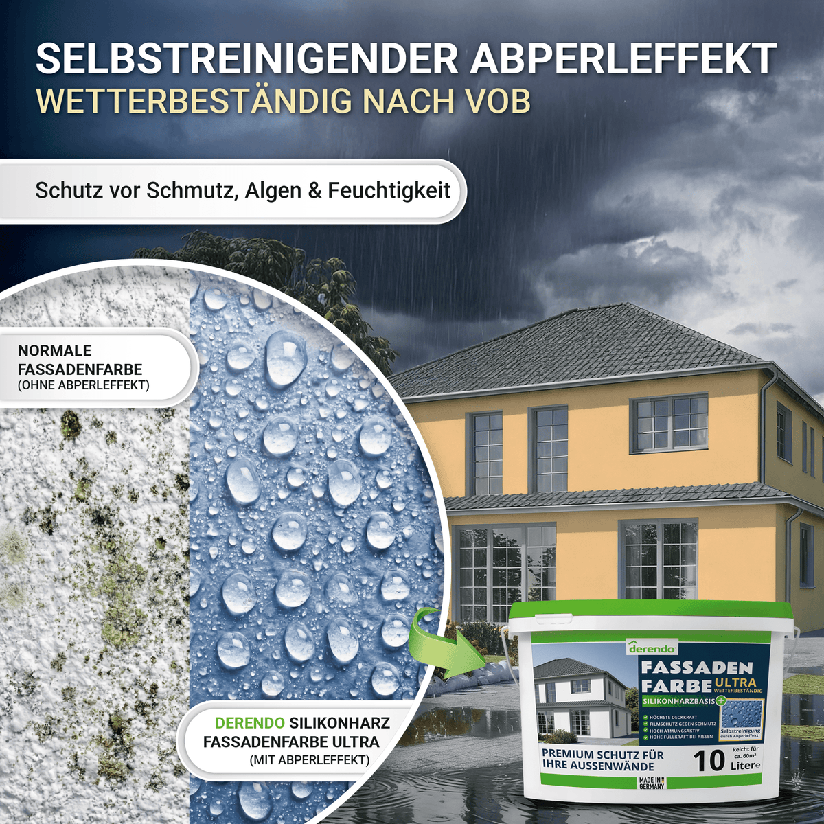 Derendo Fassadenfarbe Ockergelb mit ULTRA Wetterschutz und Abperleffekt in 2.5L – Produktbild von Derendo