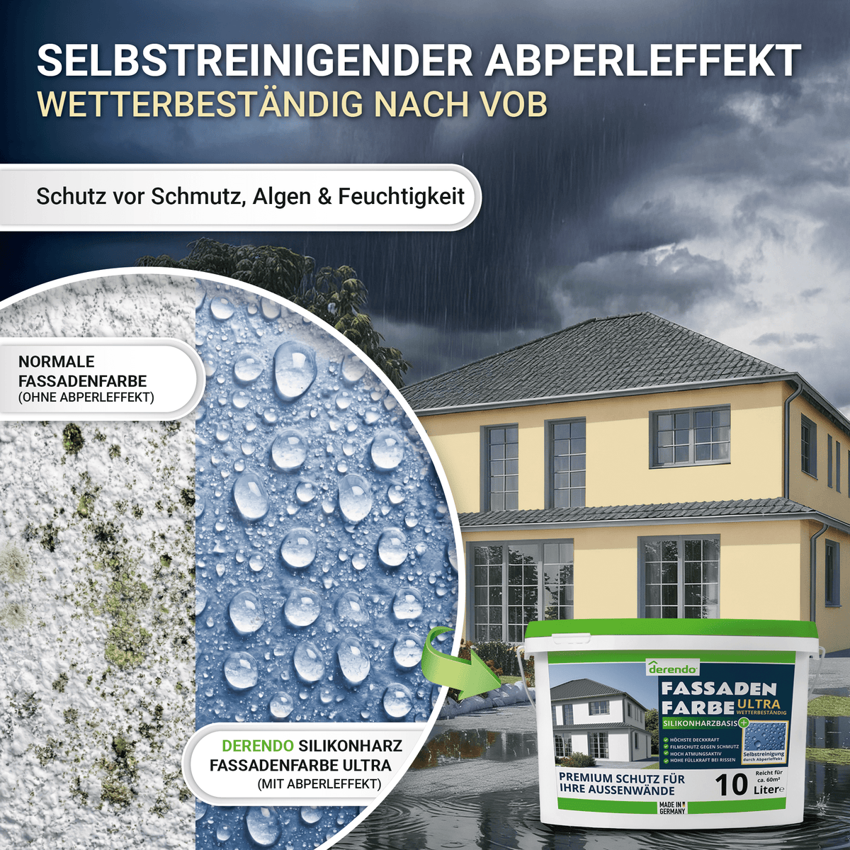 Derendo Fassadenfarbe Sandgelb mit ULTRA Wetterschutz und Abperleffekt in 10L – Produktbild von Derendo
