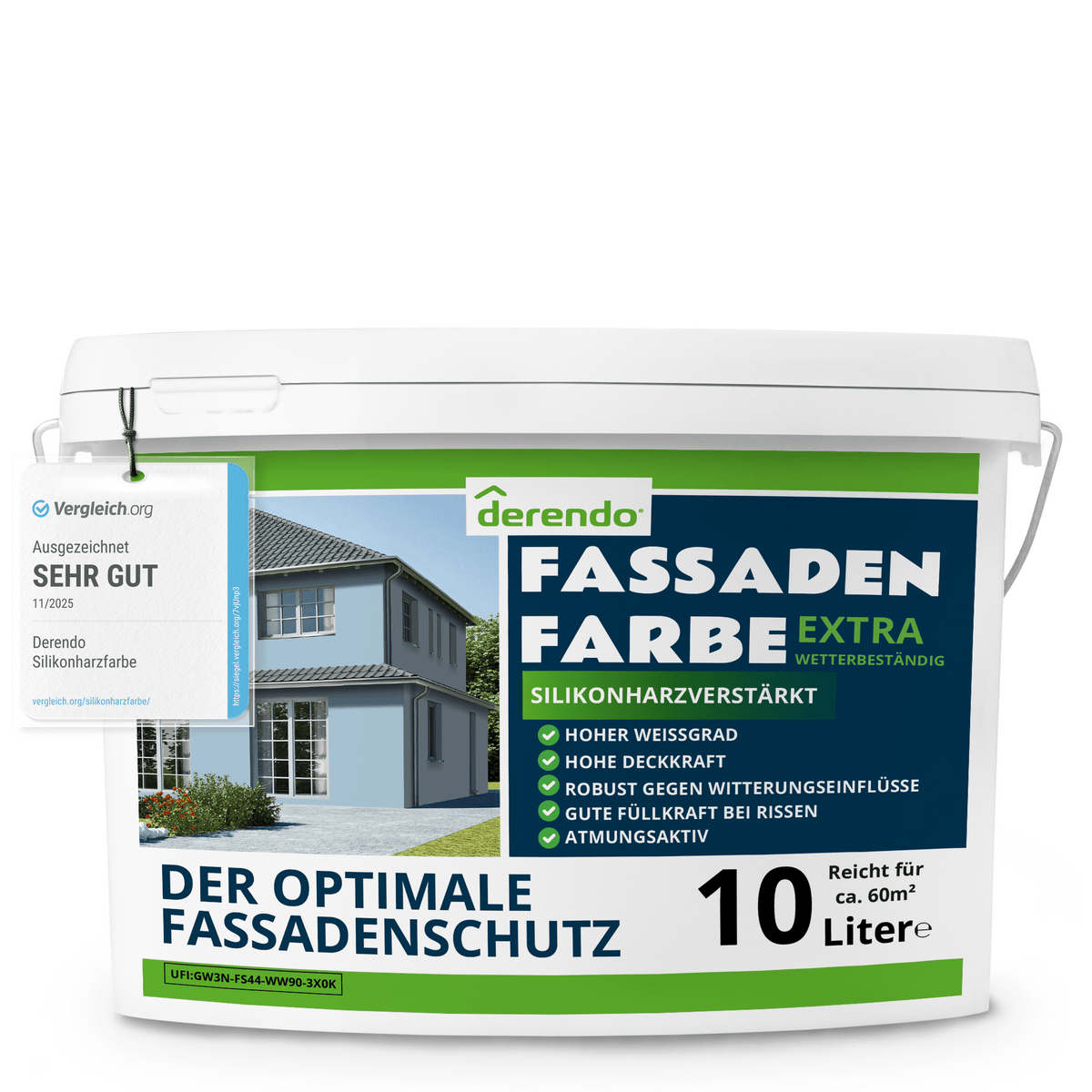 Derendo Fassadenfarbe Taubenblau mit EXTRA Wetterschutz in 10 Liter – Produktbild von Derendo