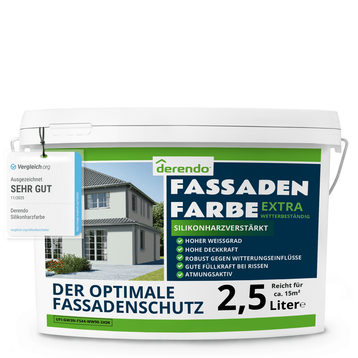 Derendo Fassadenfarbe Weissgruen mit EXTRA Wetterschutz in 2.5 Liter – Produktbild von Derendo