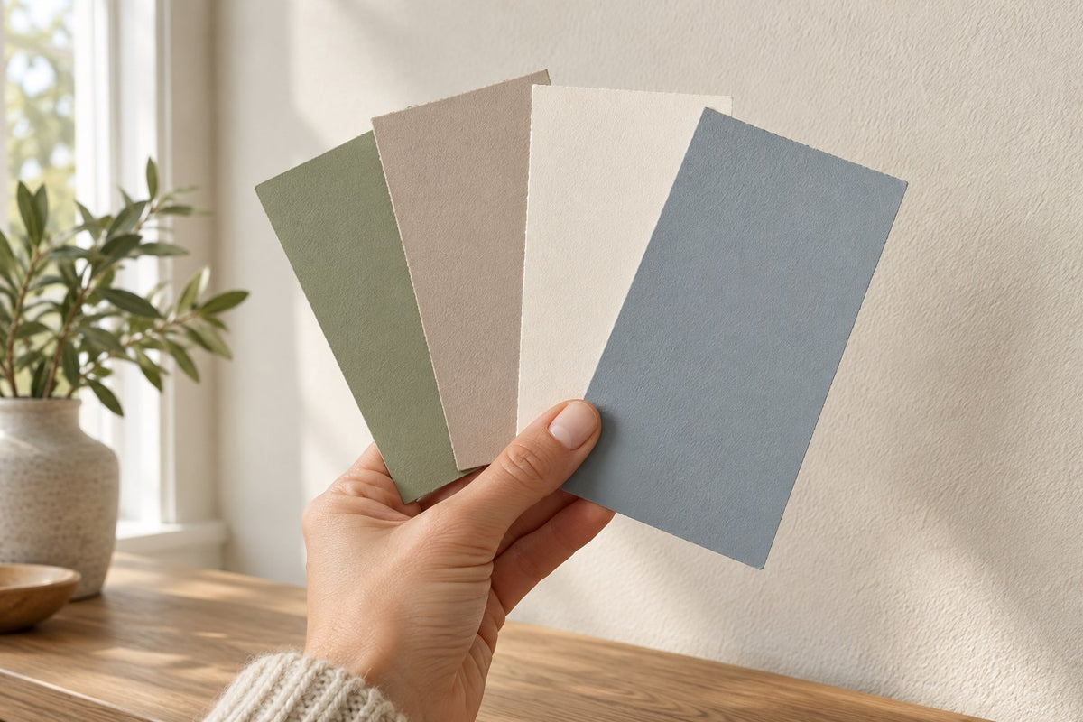 Farbmuster in Salbei, Taupe, Weiß und Blau vor einer Wand