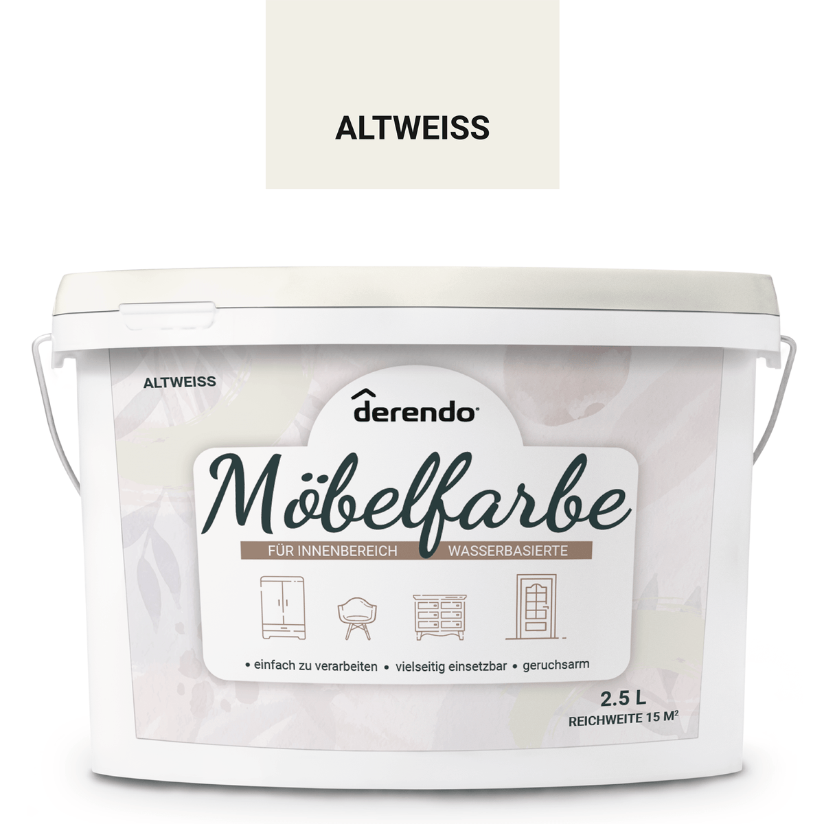 Derendo Möbelfarbe Altweiss 2,5 L – Holzfarbe für Innen – Ohne Schleifen, Hochdeckend & Wasserbasiert – Für Möbel, Türen & Küchen – Umweltfreundlich & Geruchsarm in – Produktbild von Derendo