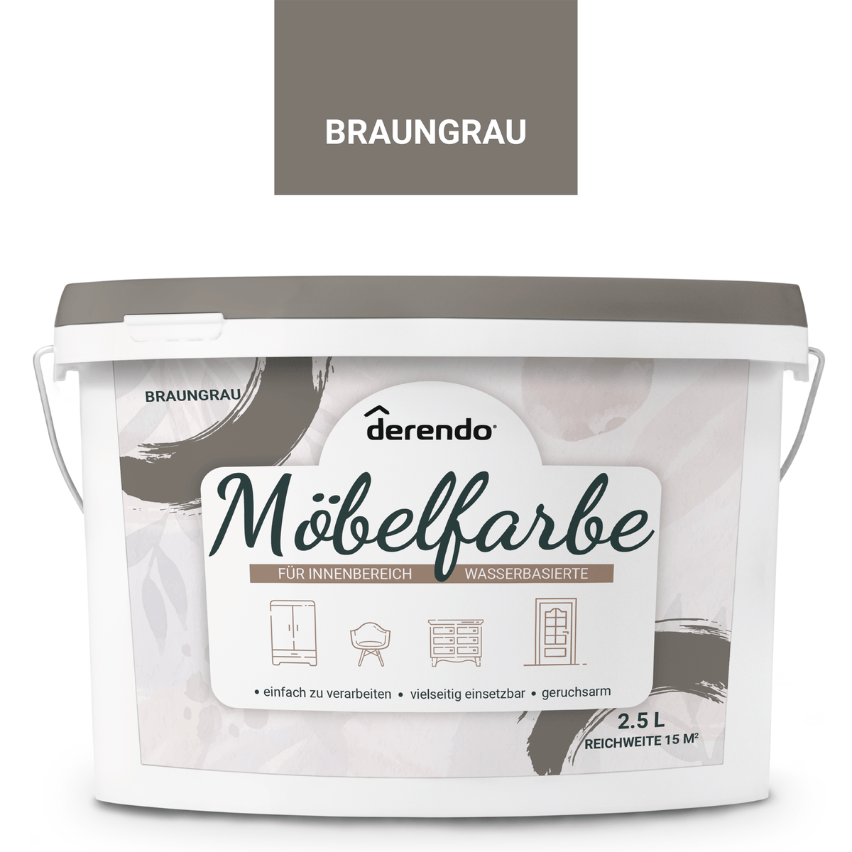 Derendo Möbelfarbe Braungrau 2,5 L – Holzfarbe für Innen – Ohne Schleifen, Hochdeckend & Wasserbasiert – Für Möbel, Türen & Küchen – Umweltfreundlich & Geruchsarm in – Produktbild von Derendo