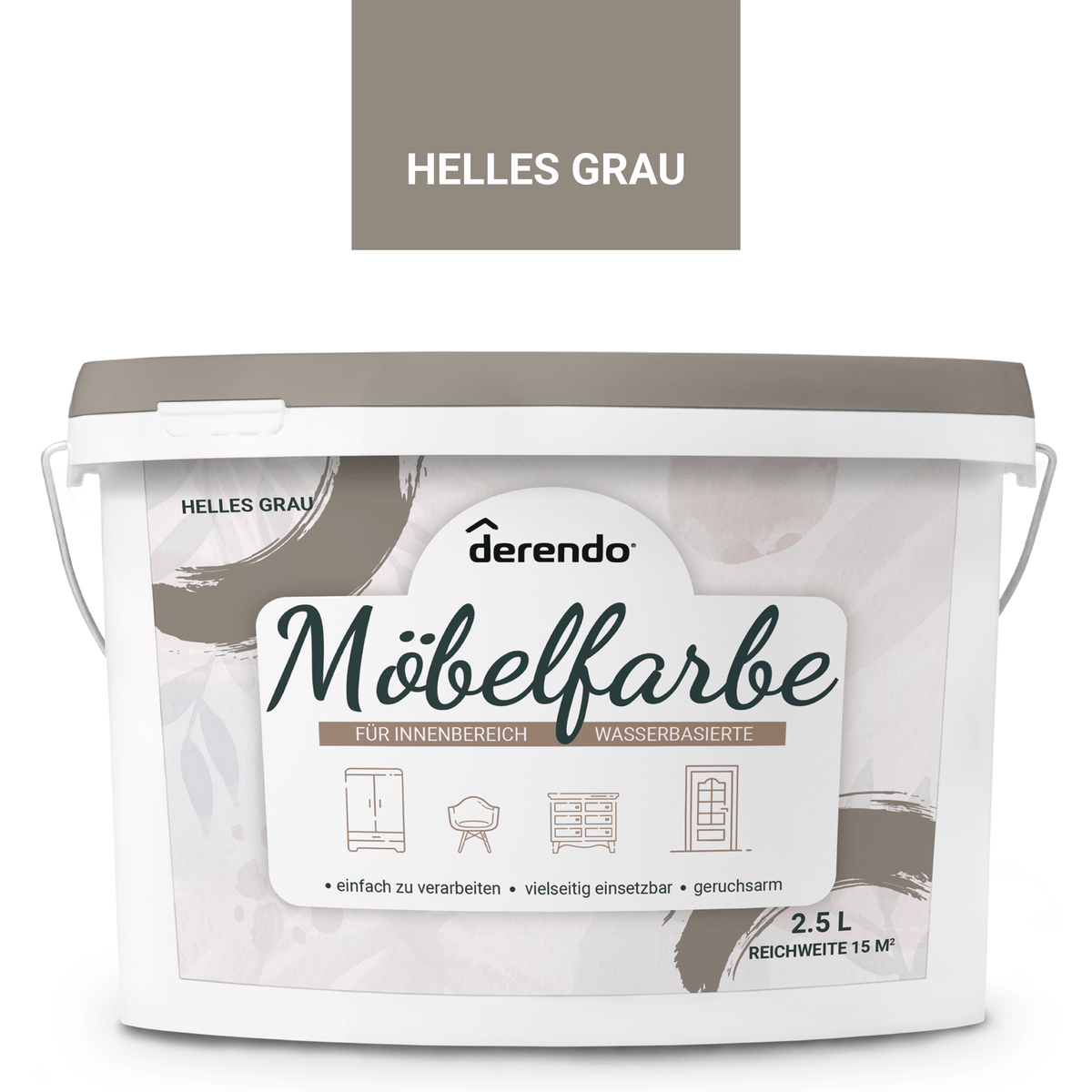 Derendo Möbelfarbe Helles Grau 2,5 L – Holzfarbe für Innen – Ohne Schleifen, Hochdeckend & Wasserbasiert – Für Möbel, Türen & Küchen – Umweltfreundlich & Geruchsarm in – Produktbild von Derendo