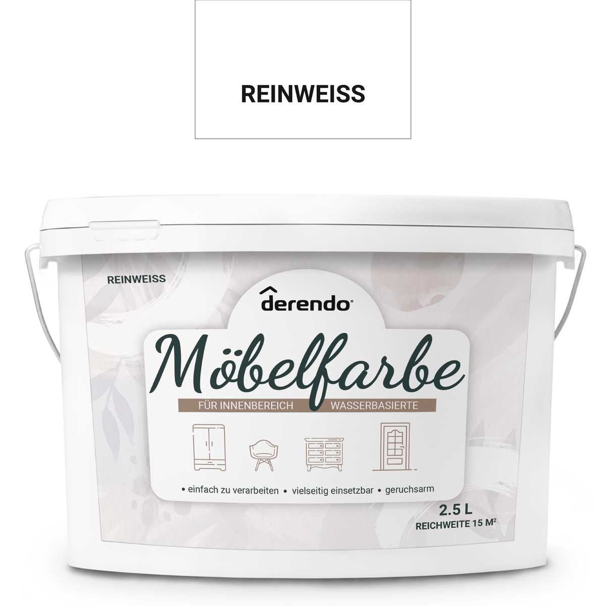 Derendo Möbelfarbe Reinweiss 2,5 L – Holzfarbe für Innen – Ohne Schleifen, Hochdeckend & Wasserbasiert – Für Möbel, Türen & Küchen – Umweltfreundlich & Geruchsarm in – Produktbild von Derendo