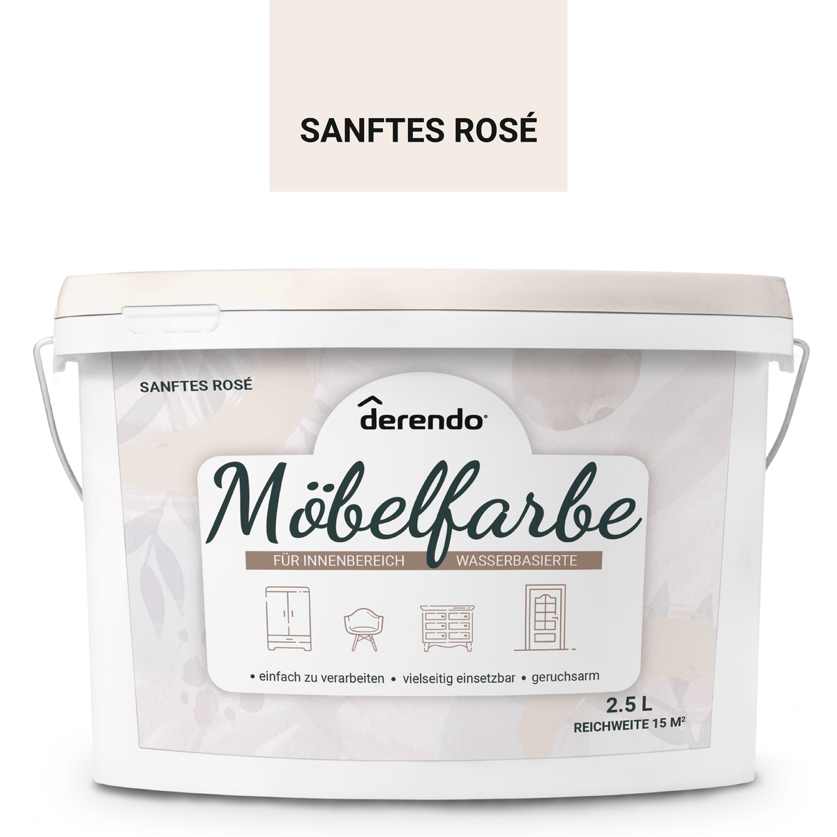 Derendo Möbelfarbe Sanftes Rosé 2,5 L – Holzfarbe für Innen – Ohne Schleifen, Hochdeckend & Wasserbasiert – Für Möbel, Türen & Küchen – Umweltfreundlich & Geruchsarm - 4251604929389 - Derendo