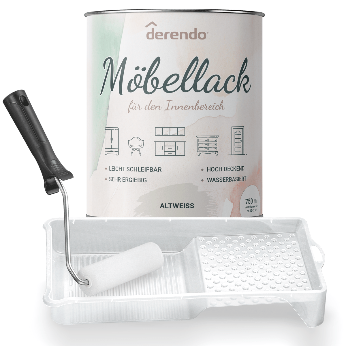 Derendo® Möbelfarbe Altweiß 750ml – Möbelfarbe ohne Schleifen + Lackier-Roller-Set in – Produktbild von Derendo