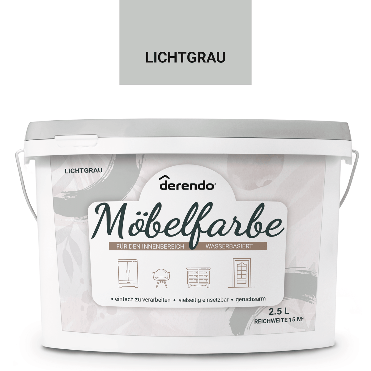 Derendo Möbelfarbe Lichtgrau 2,5 L – Holzfarbe für Innen – Ohne Schleifen, Hochdeckend & Wasserbasiert – Für Möbel, Türen & Küchen – Umweltfreundlich & Geruchsarm in – Produktbild von Derendo