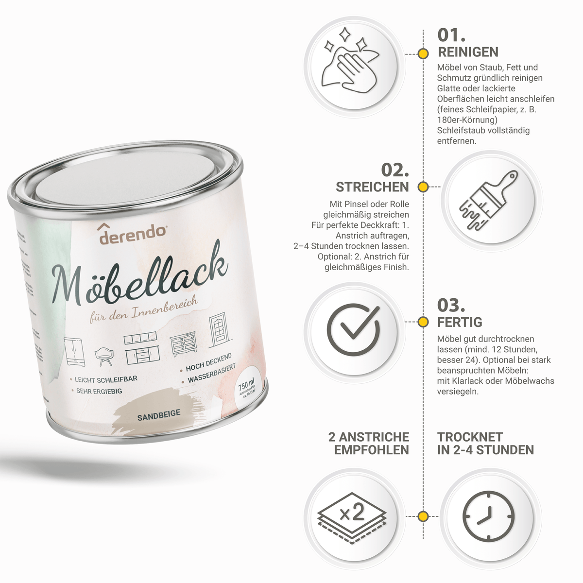 Derendo® Möbelfarbe Sandbeige 750ml – Möbelfarbe ohne Schleifen + Lackier-Roller-Set in – Produktbild von Derendo