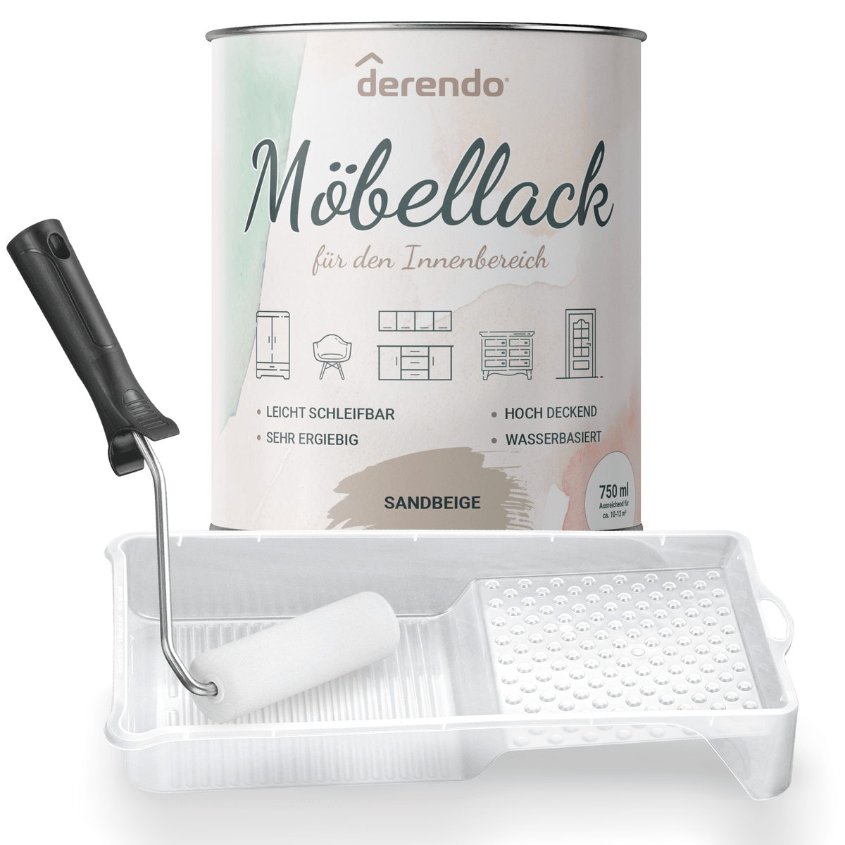 Derendo® Möbelfarbe Sandbeige 750ml – Möbelfarbe ohne Schleifen + Lackier-Roller-Set in – Produktbild von Derendo