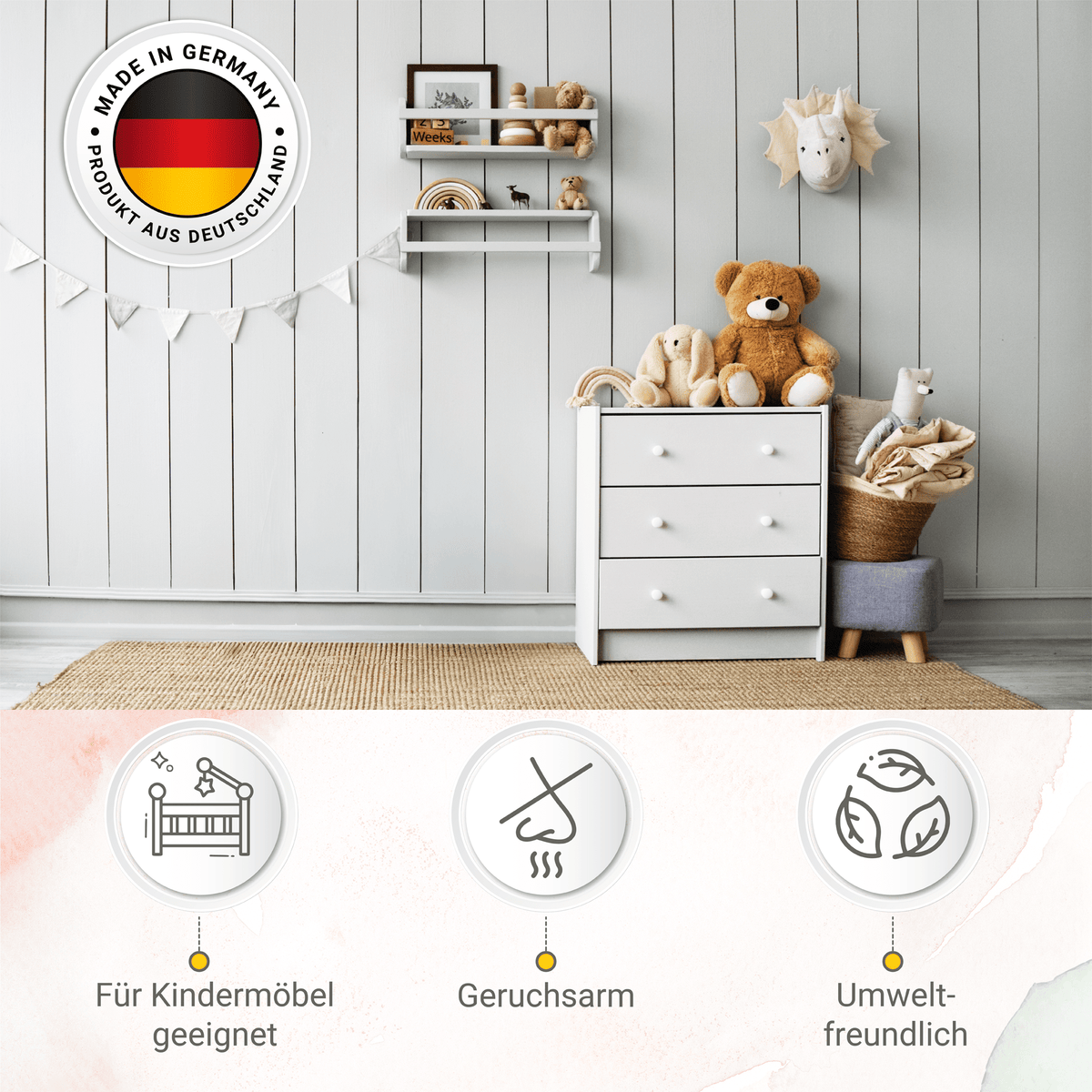 Derendo® Möbelfarbe Weiss 750ml – Möbelfarbe ohne Schleifen + Lack-Roller-Set in – Produktbild von Derendo