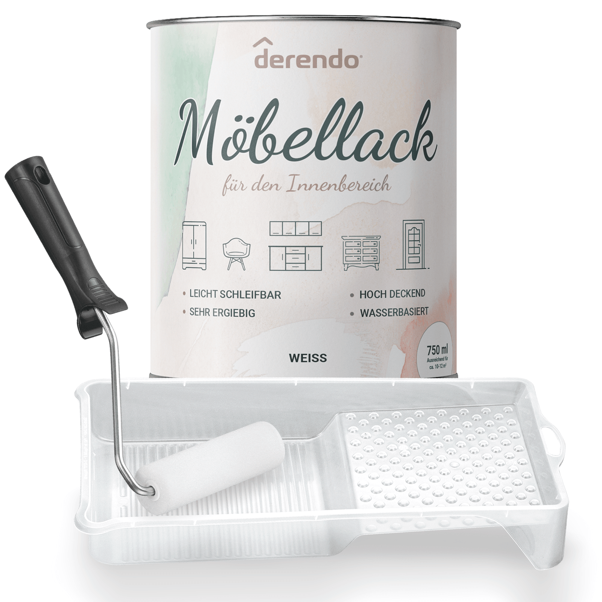 Derendo® Möbelfarbe Weiss 750ml – Möbelfarbe ohne Schleifen + Lack-Roller-Set in – Produktbild von Derendo