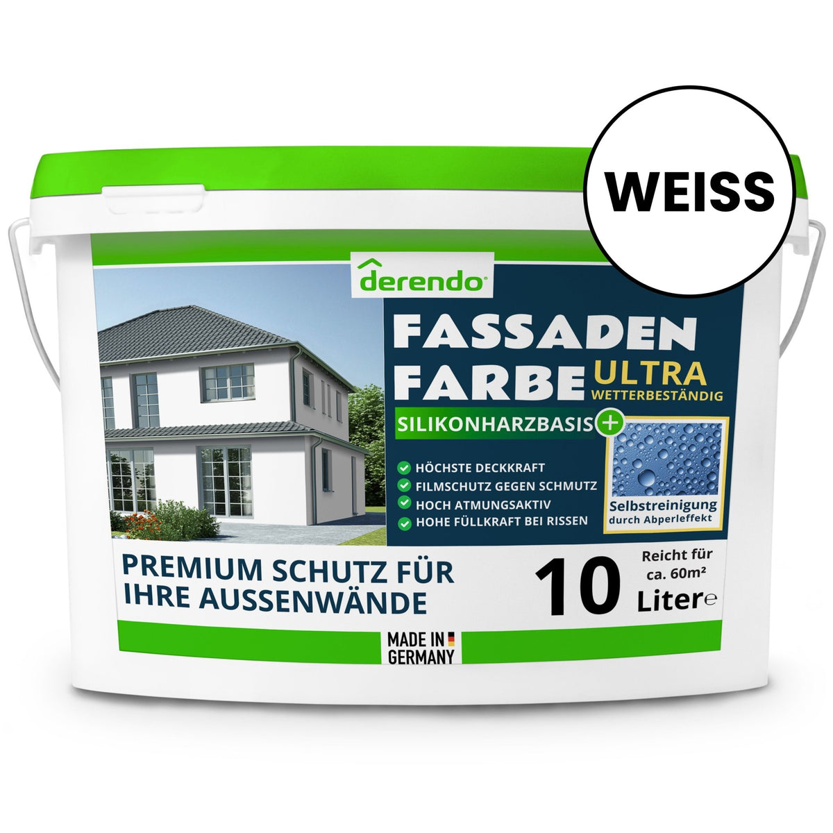 Derendo Silikonharz Fassadenfarbe weiß mit ULTRA Wetterschutz durch Abperleffekt des Lotusblattes in 10 Liter – Produktbild von Derendo