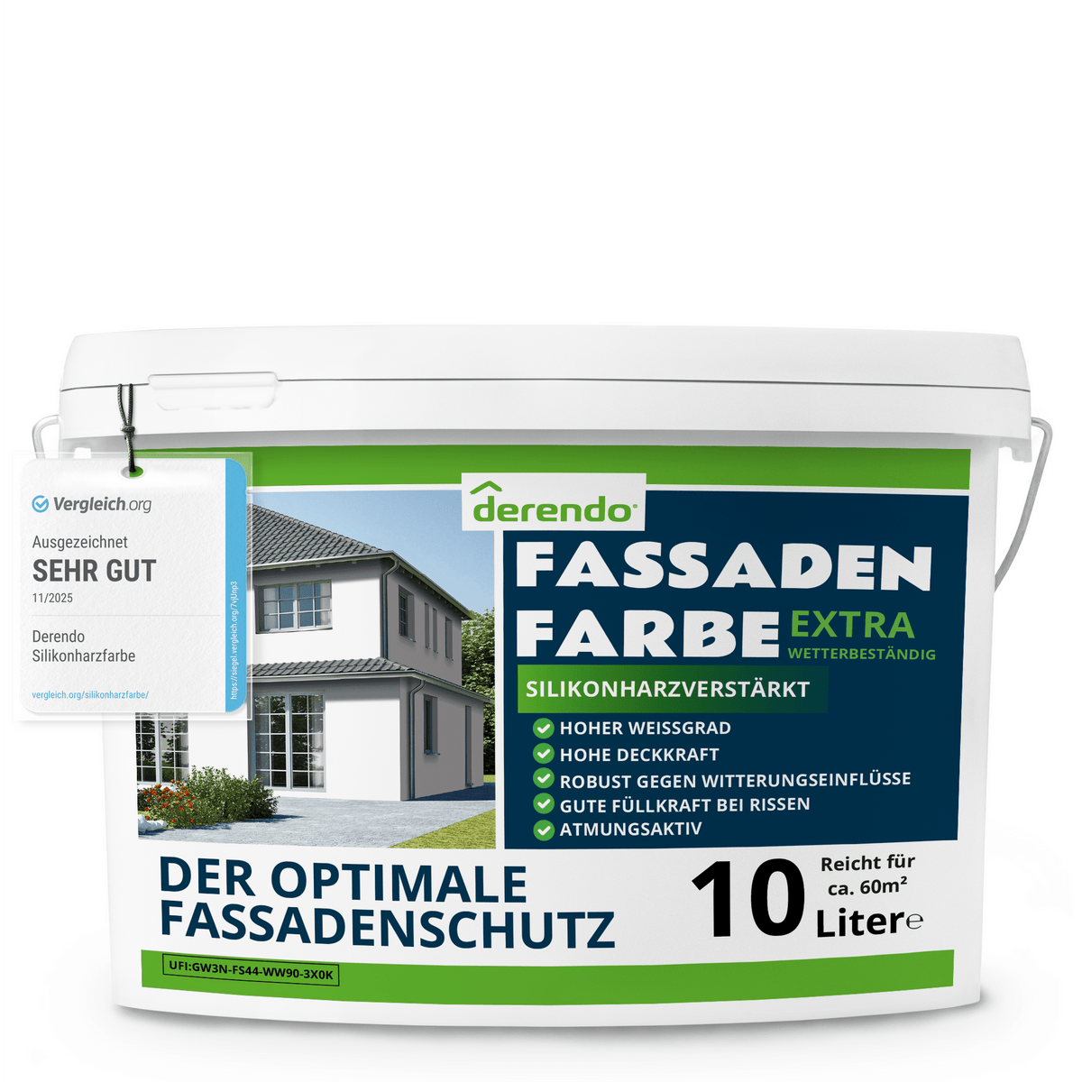 Derendo silikonharzverstärkte Fassadenfarbe weiß mit EXTRA Wetterschutz in 10 Liter – Produktbild von Derendo