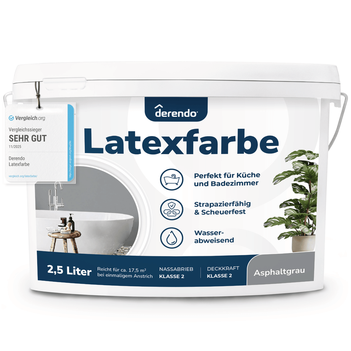 Derendo Wandfarbe Latexfarbe Asphaltgrau Matt abwaschbar in 2.5 Liter – Produktbild von Derendo