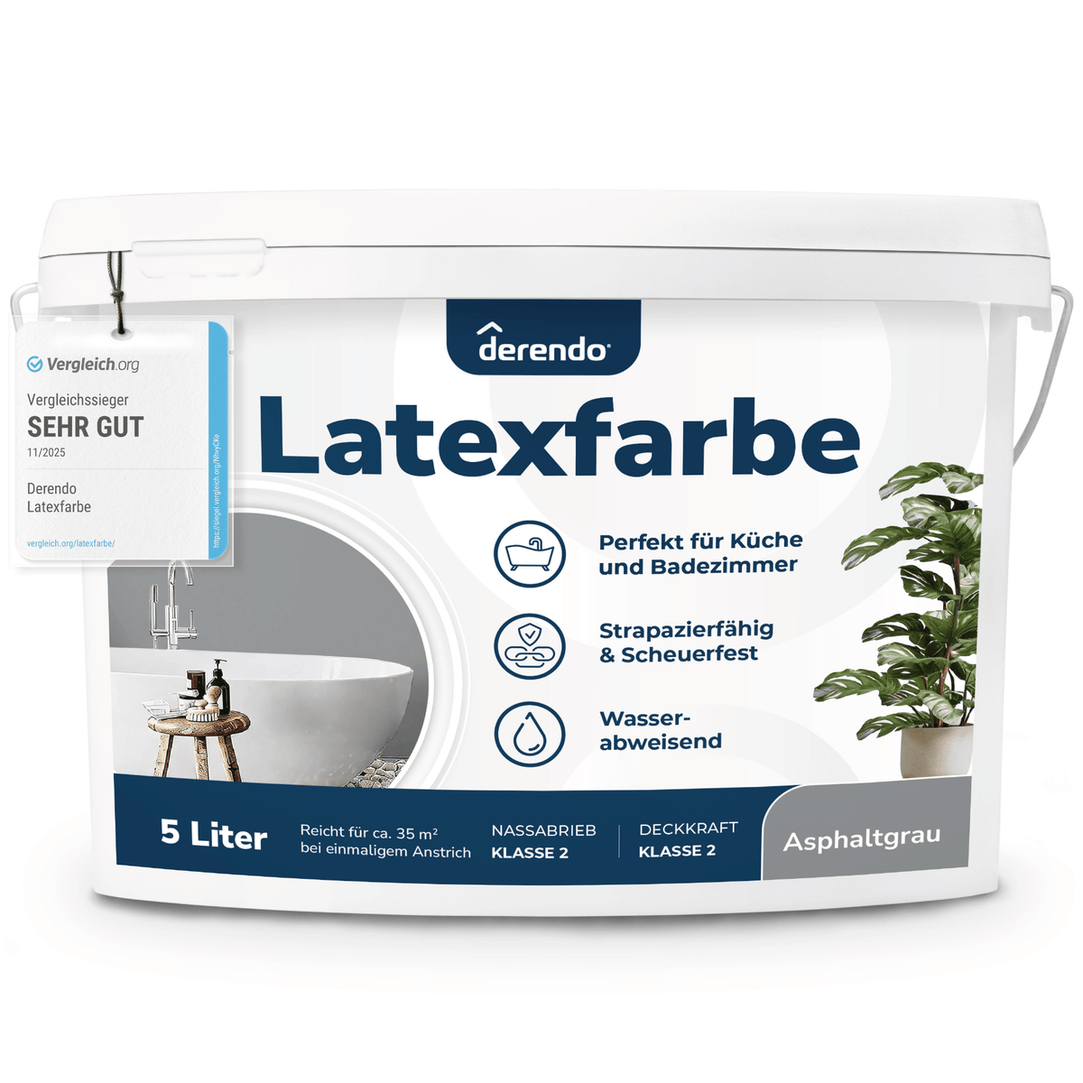 Derendo Wandfarbe Latexfarbe Asphaltgrau Matt abwaschbar in 5 Liter – Produktbild von Derendo