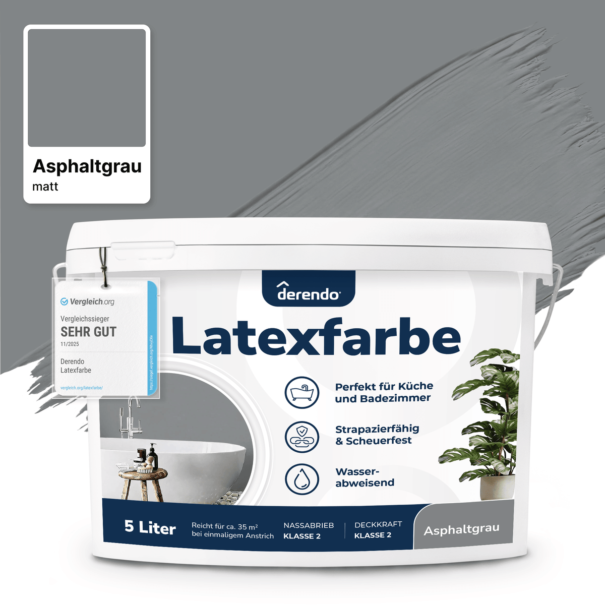 Derendo Wandfarbe Latexfarbe Asphaltgrau Matt abwaschbar in 5 Liter – Produktbild von Derendo