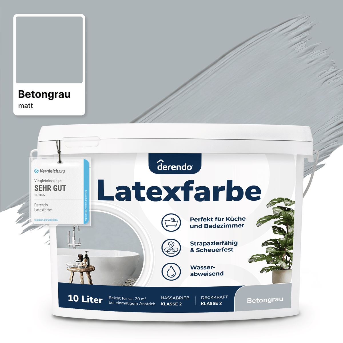 Derendo Wandfarbe Latexfarbe Betongrau Matt abwaschbar in 10 Liter – Produktbild von Derendo