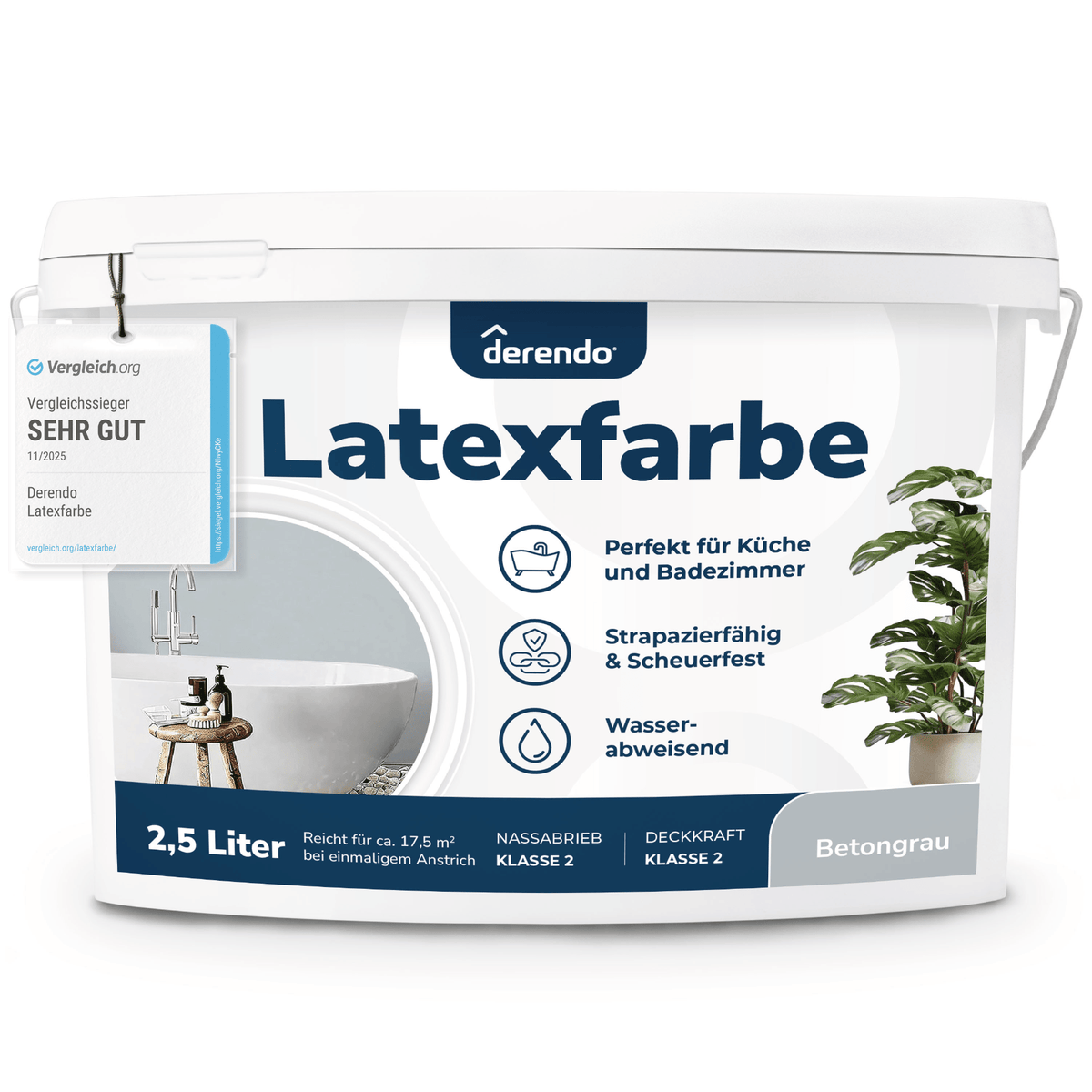 Derendo Wandfarbe Latexfarbe Betongrau Matt abwaschbar in 2.5 Liter – Produktbild von Derendo
