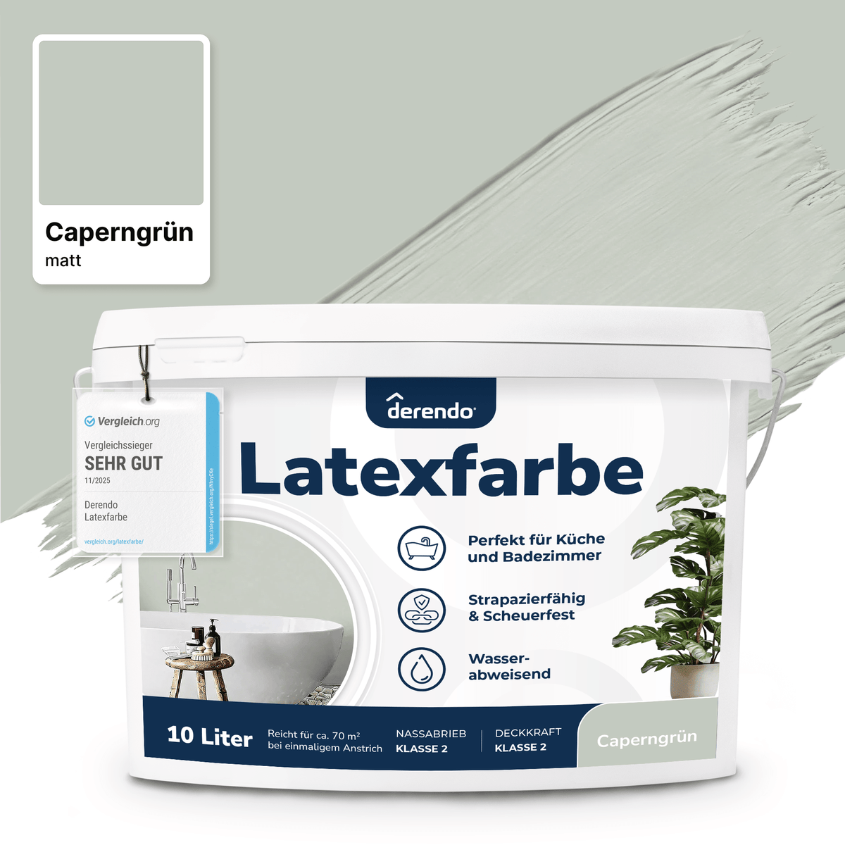 Derendo Wandfarbe Latexfarbe Caperngrün Matt abwaschbar in 10 Liter – Produktbild von Derendo
