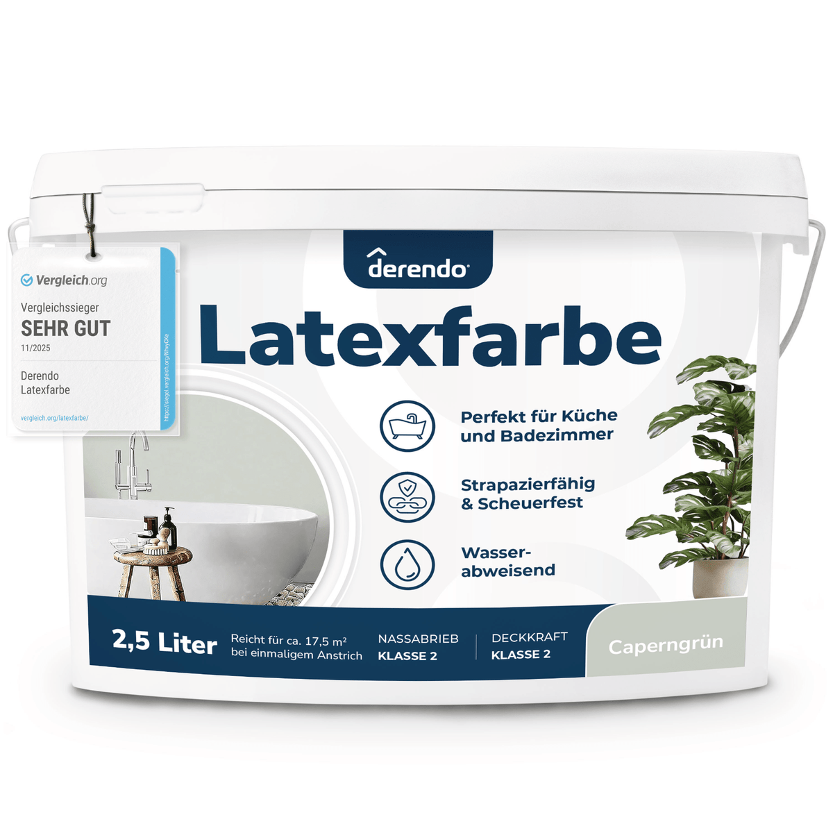 Derendo Wandfarbe Latexfarbe Caperngrün Matt abwaschbar in 2.5 Liter – Produktbild von Derendo