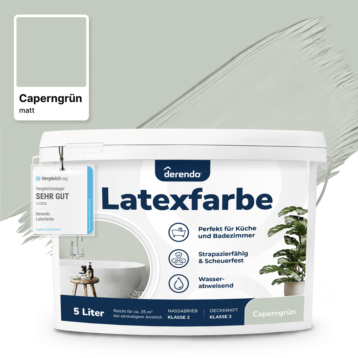 Derendo Wandfarbe Latexfarbe Caperngrün Matt abwaschbar in 5 Liter – Produktbild von Derendo