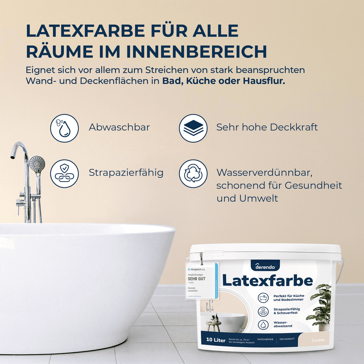Derendo Wandfarbe Latexfarbe Cookie Matt abwaschbar in 10 Liter – Produktbild von Derendo