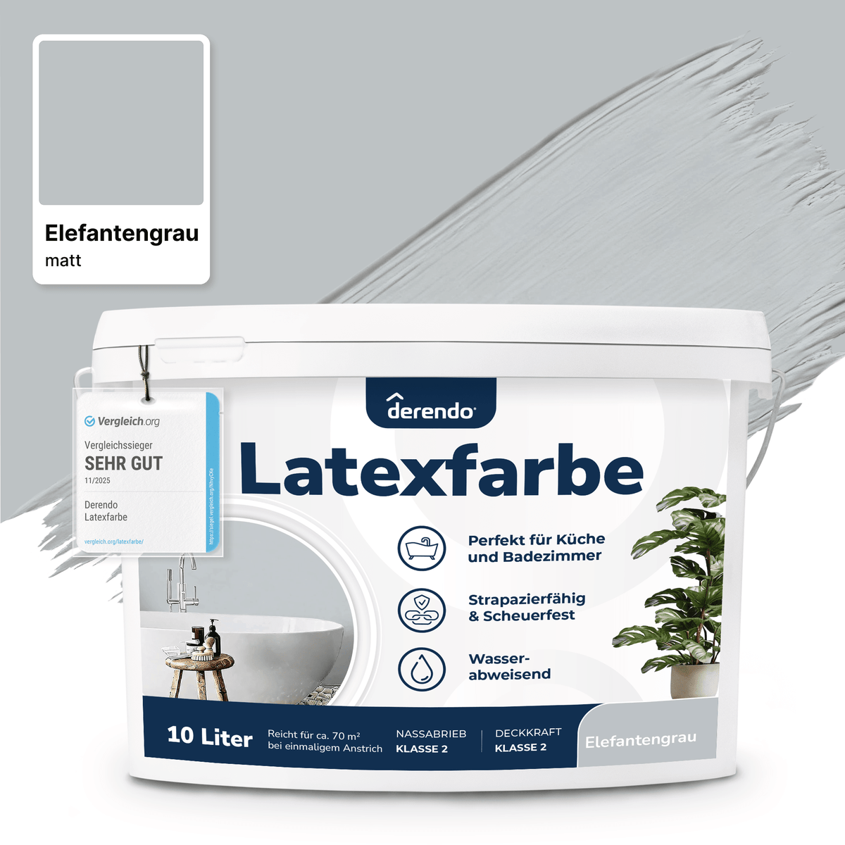 Derendo Wandfarbe Latexfarbe Elefantengrau Matt abwaschbar in 10 Liter – Produktbild von Derendo