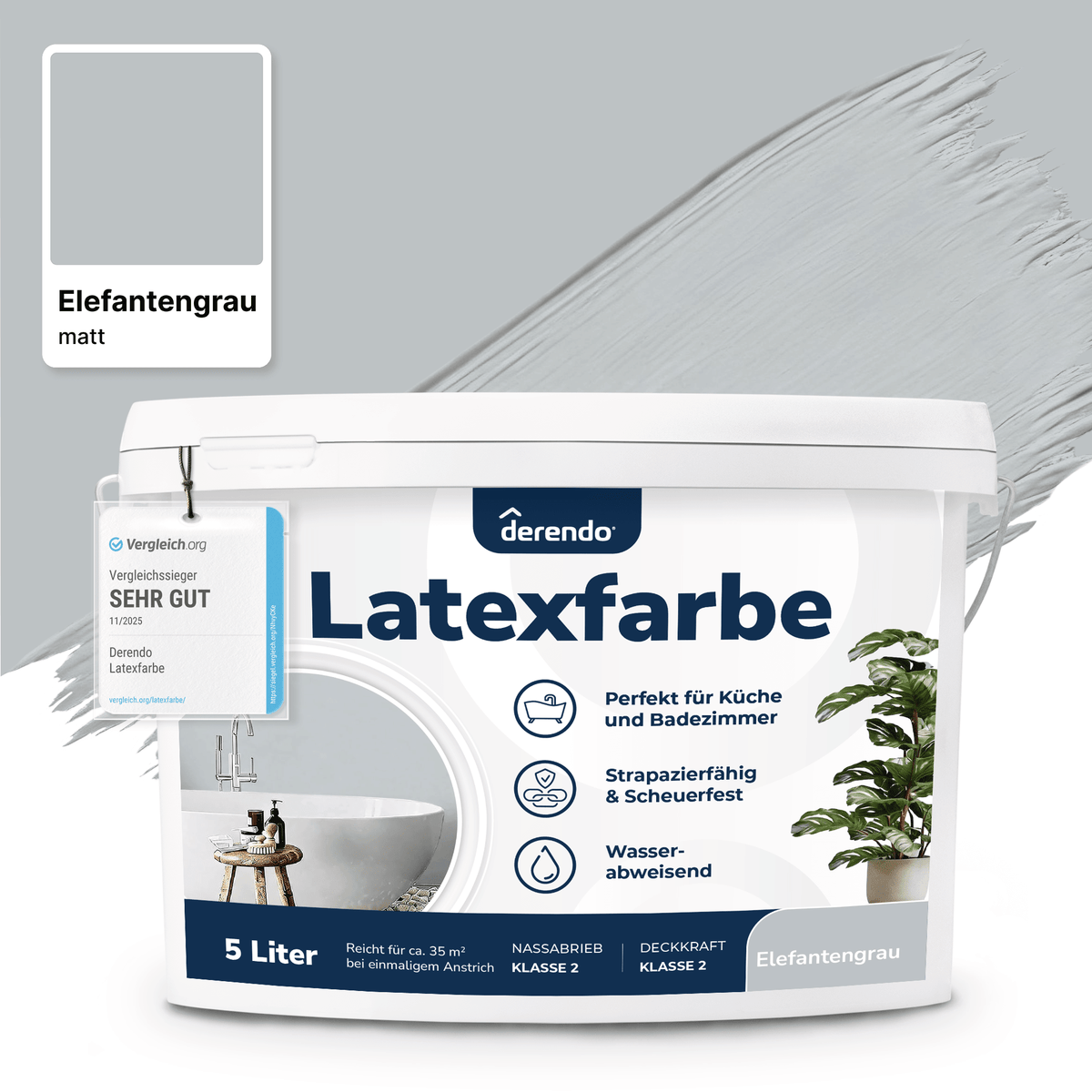 Derendo Wandfarbe Latexfarbe Elefantengrau Matt abwaschbar in 5 Liter – Produktbild von Derendo